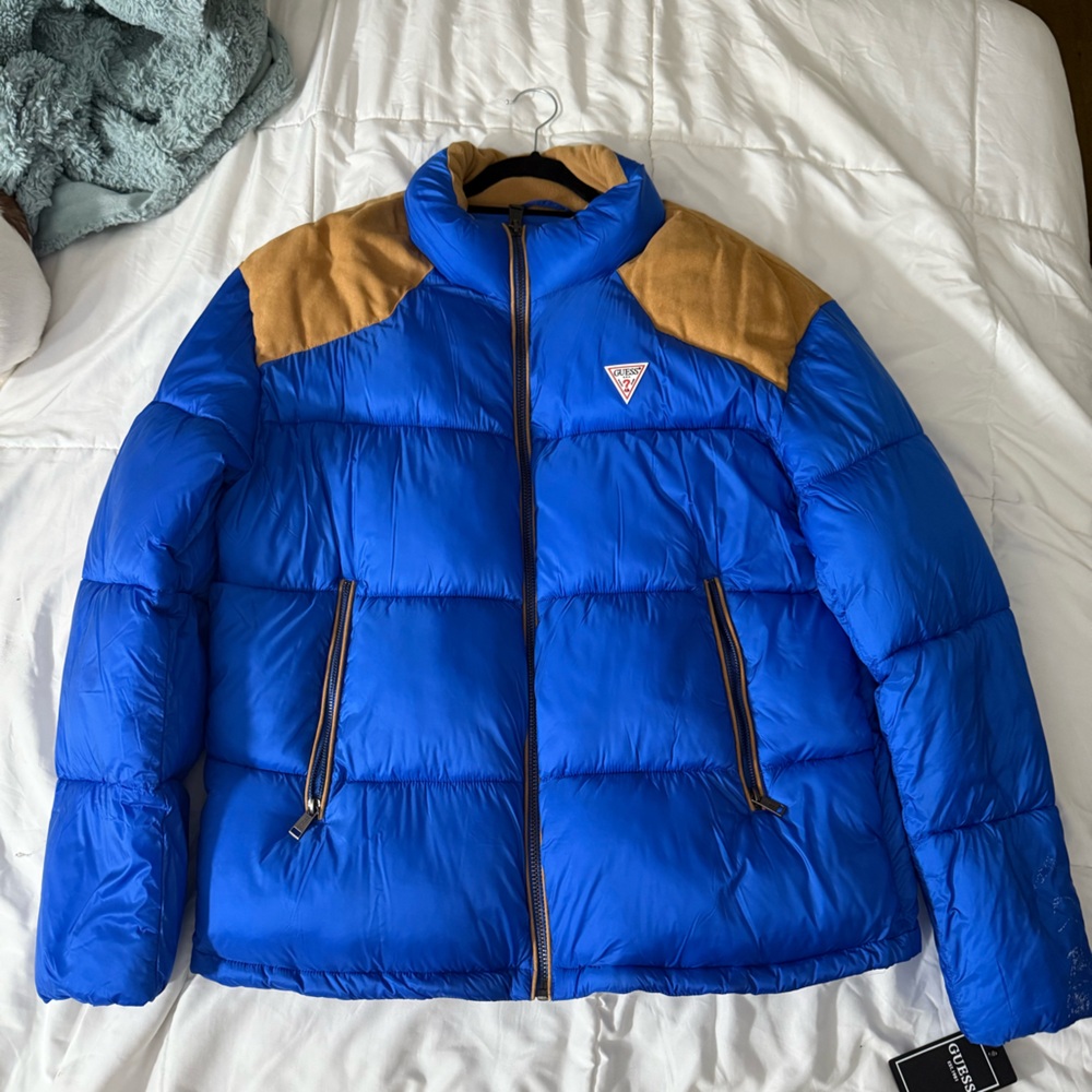 Guess blue and tan puffer jacket